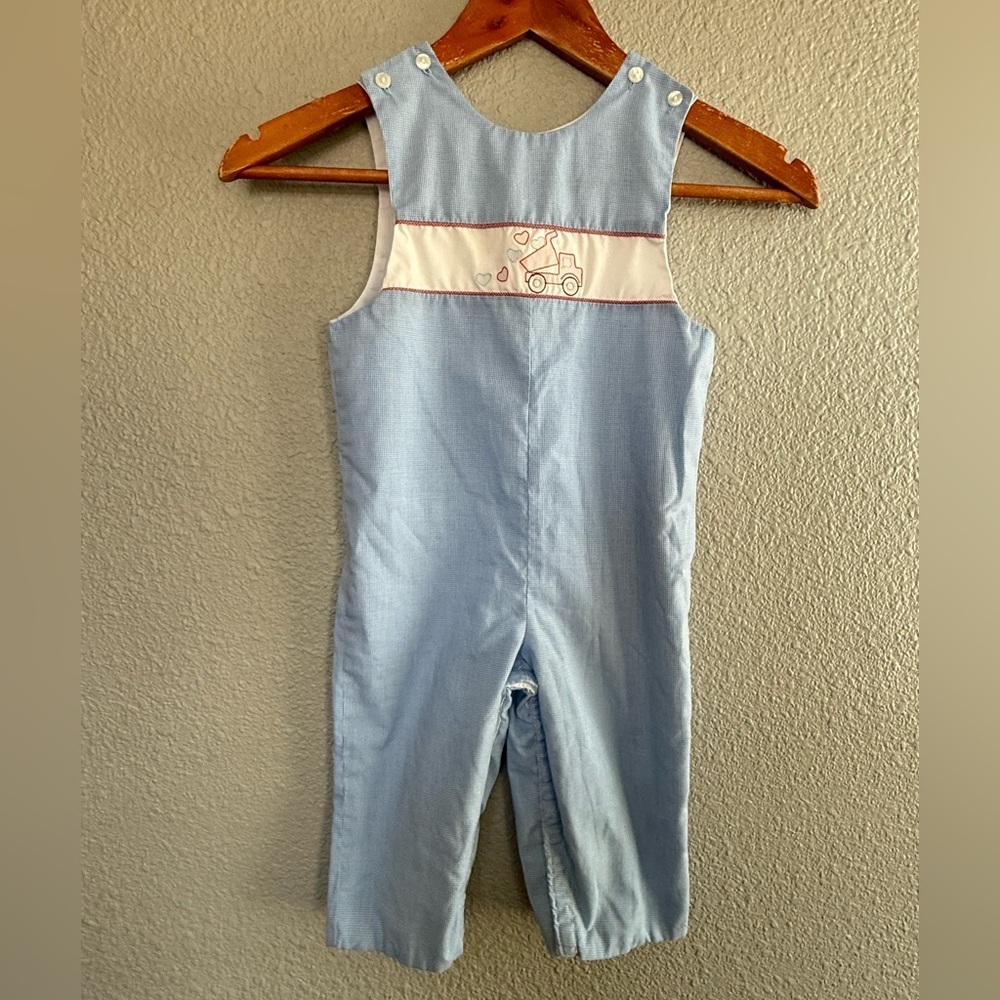 Anavini Hand Smocked Blue Checked Longall Dump Truck Hearts Smock Size 2 Jon Jon